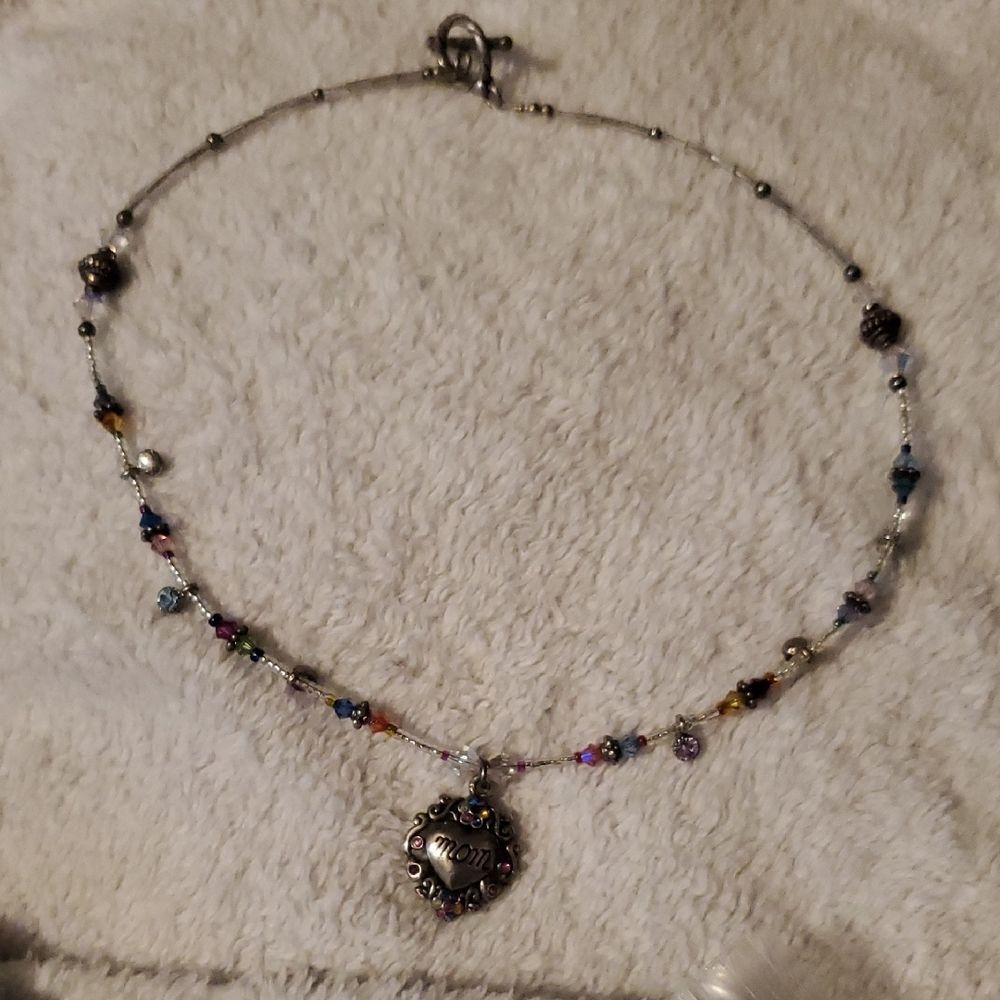 Vintage Mom Heart Pendant Necklace Multicolor Crystal Beaded T Bar Toggle Clasp